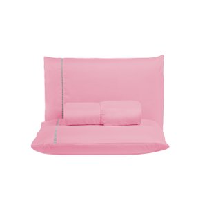 Jogo de Lençol Solteiro 400 Fios Detalhe em Ponto Palito 2 Peças Beliche Cama Box Padrão:rose
