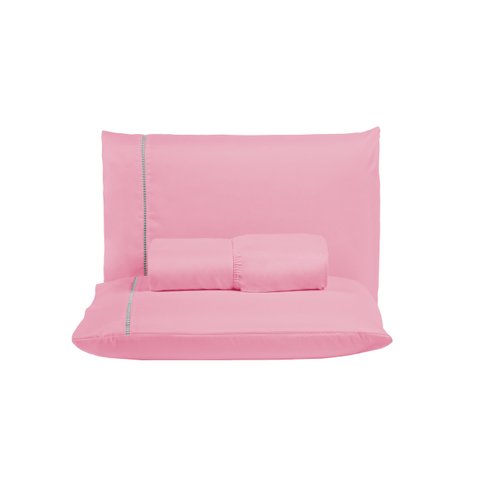 Jogo de Lençol Solteiro 400 Fios Detalhe em Ponto Palito 2 Peças Beliche Cama Box Padrão:rose