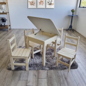 Kit Mesa Bau Organizadora 4 Cadeiras Infantis de Madeira Resistente Escolar Desenhar Brincar Estudar