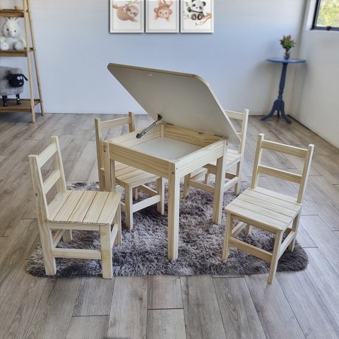 Kit Mesa Bau Organizadora 4 Cadeiras Infantis de Madeira Resistente Escolar Desenhar Brincar Estudar