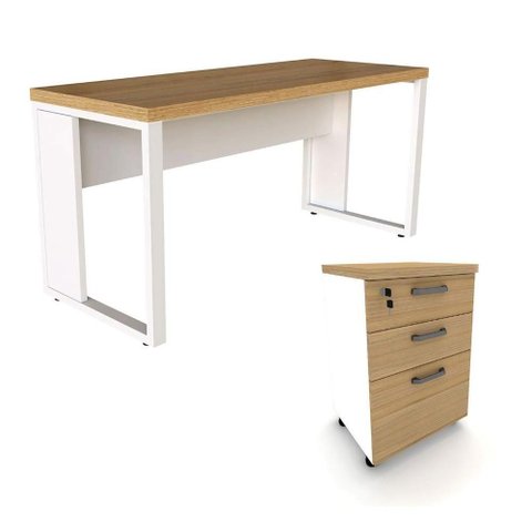Escrivaninha com Gaveteiro F5 Office g Industrial 3 Gavetas 150cm Macadâmia com Branco