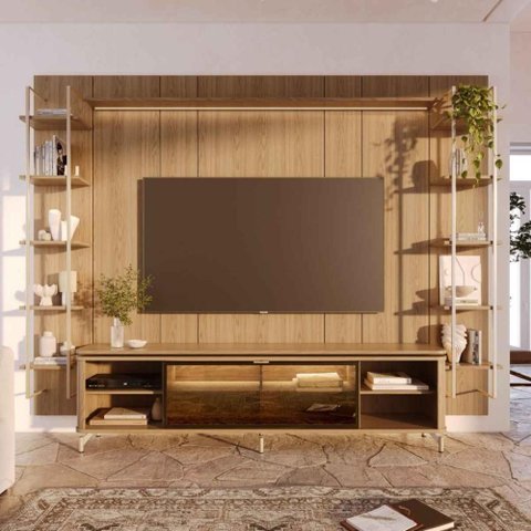 Estante para TV Home Theater 85" 100% MDF 291cm Vidro Reflecta com LED 10 Prateleiras Carvalho