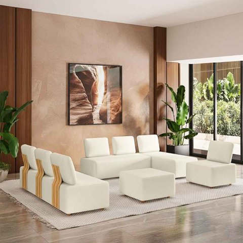 Sofá Liphis Sala de Estar Modulado Moderno Pés de Madeira Bouclê Offwhite G45 - Gran Belo