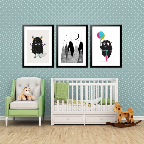 Kit 3 Quadros Grandes Quarto Infantil Monstrinho 60x48cm:moldura Branca