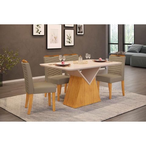 Conjunto: Mesa Sala Jantar Argo C/ Tampo Madeirado C/ Vidro Curvo 136x90cm e 4 Cadeiras Julia Cedro/