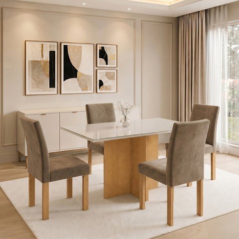 Conjunto Sala de Jantar 4 Lugares 120x80cm Mesa Carol e Cadeiras Espanha Cinamomo