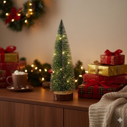 Árvore de Natal Decorativa com Led e Base de Madeira (20cm) - Iluminação a Bateria - Enfeite de Mesa