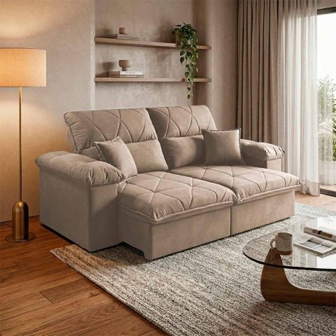 Sofá Retrátil Reclinável Trento 1,80m Suede Velut Bege Molas no Assento - King House