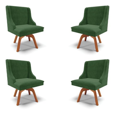 Kit 4 Cadeiras Decorativas Sala de Jantar Base Giratória de Madeira Firenze Suede Verde Esmeralda/Na