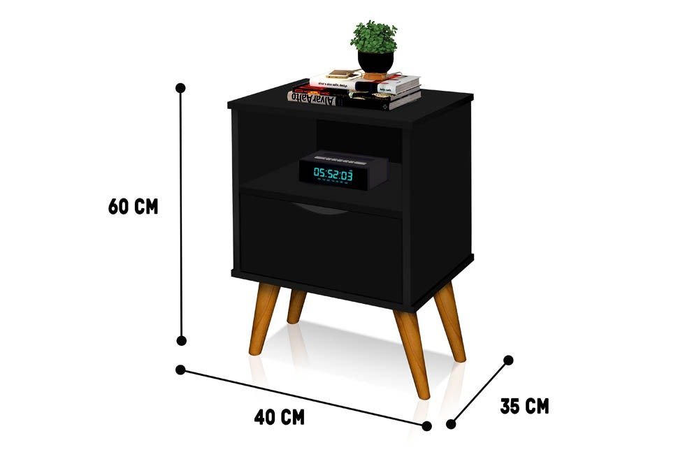Mesa de Cabeceira Grécia 1 Gaveta com Nicho Estilo Retro Preto - 3
