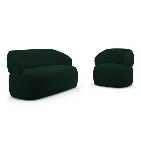 Kit Poltrona Giratória e Sofá Orgânico Living Glee 02 Lugares 140cm Veludo Verde Escuro Desk