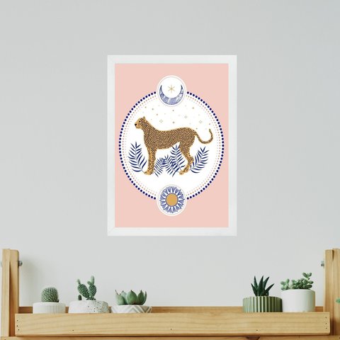 Quadro Decorativo Boho Leopardo - Sol e Lua 24x18cm:moldura Branca