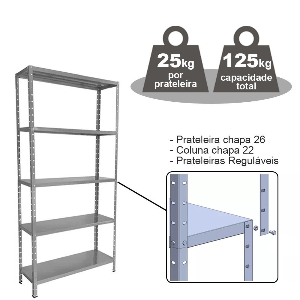 Estante de Aço 5 Prateleiras de Ferro 175x92cm 125kg Para Arquivo Escritório Livros Cinza - 4