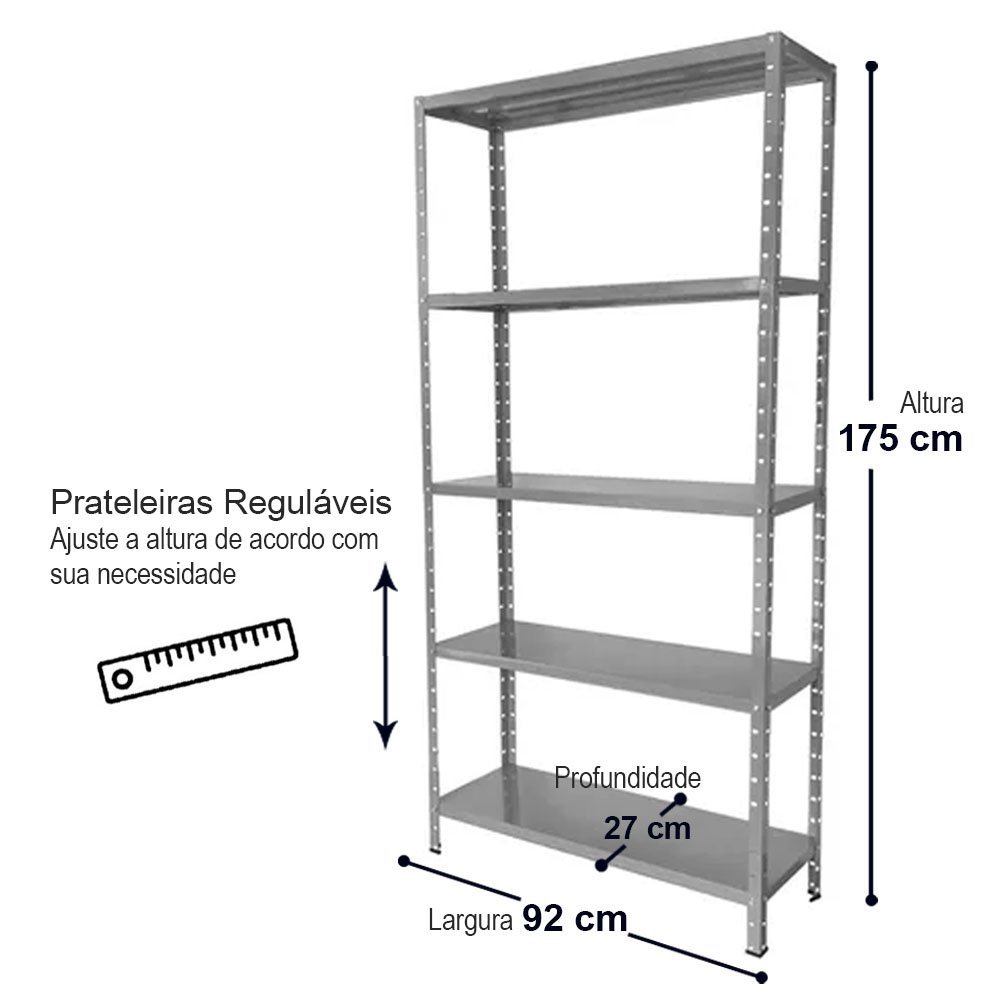 Estante de Aço 5 Prateleiras de Ferro 175x92cm 125kg Para Arquivo Escritório Livros Cinza - 3