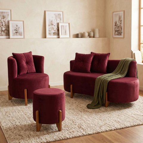 Kit Decorativo Sofá Curvo Orgânico + 01 Puff e Poltrona Luna Veludo Bordô - Montanaris Decor