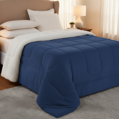 Coberdrom Casal King Dupla Face Soft Sherpa Carneiro Azul Marinho Aconchego