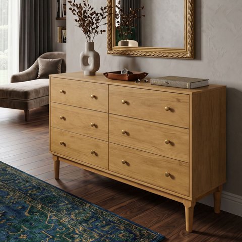 Cômoda Industrial Estella 6 Gavetas p/ Quarto Casal Design Moderno -  Natural/Jequitibá