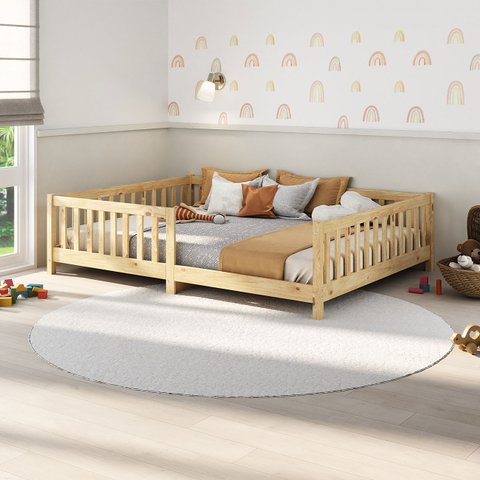 Cama Montessori Casal Infantil Grade Madeira Chão Natural Eva Idimex