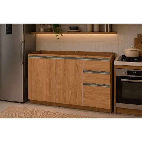 Balcão Cozinha Modulado p/ Pia 2PT 3GAV 120cm Liga Canela Kappesberg