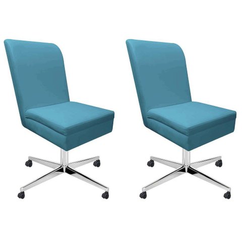 Kit 02 Cadeira Ana Giratória Metal Com Rodízio Suede Azul Turquesa E Corino Vermelho