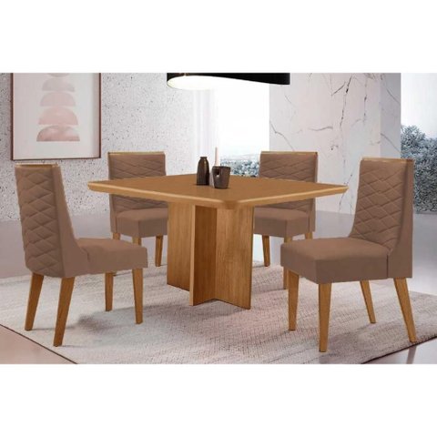 Conjunto: Mesa de Cozinha Berlim C/ Tampo Madeirado Canto Curvo 90x90cm e 4 Cadeiras Dafne Naturale