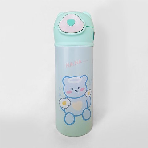 Garrafa Térmica de Ursinho Verde Infantil 420ml em Aço Inoxidável com Canudo de Silicone:verde/único