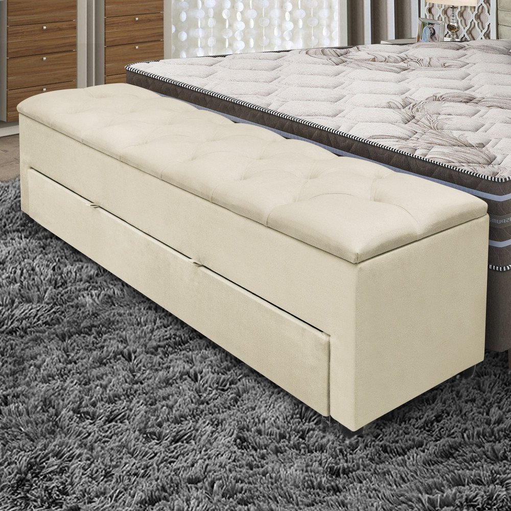 Recamier com Gaveta Baú para Cama Casal Paris1,30m Estofado Retro Premium Decorativo Closet Cor Bege - 2