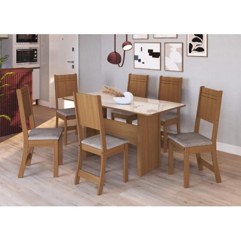 Conjunto Sala de Jantar Fidelitá Atenas 150cm com 6 Cadeiras Freijó/off-white Assento Linho