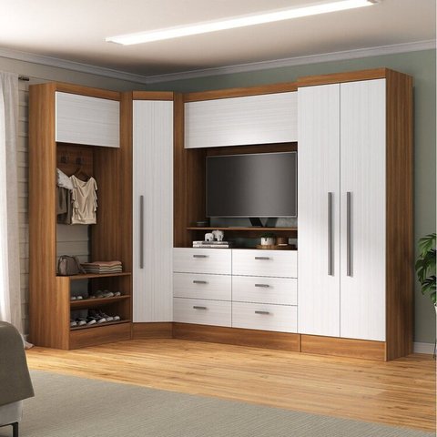 Quarto Completo Viena 5 Portas 6 Gavetas 4 Peças Espresso Móveis Marrom/Nogal/Branco