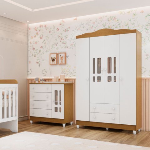 Conjunto Quarto Bebê Guarda Roupa Ariel 4 Portas Cômoda 4 Gavetas 1 Porta 100% MDF Branco/com Bétula