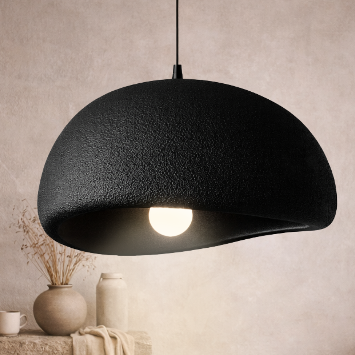 Lustre Pendente 60cm Luminária Japonesa Wabi-sabi Orgânico Cogumelo Concreto Gimpo Tj60-preto-a