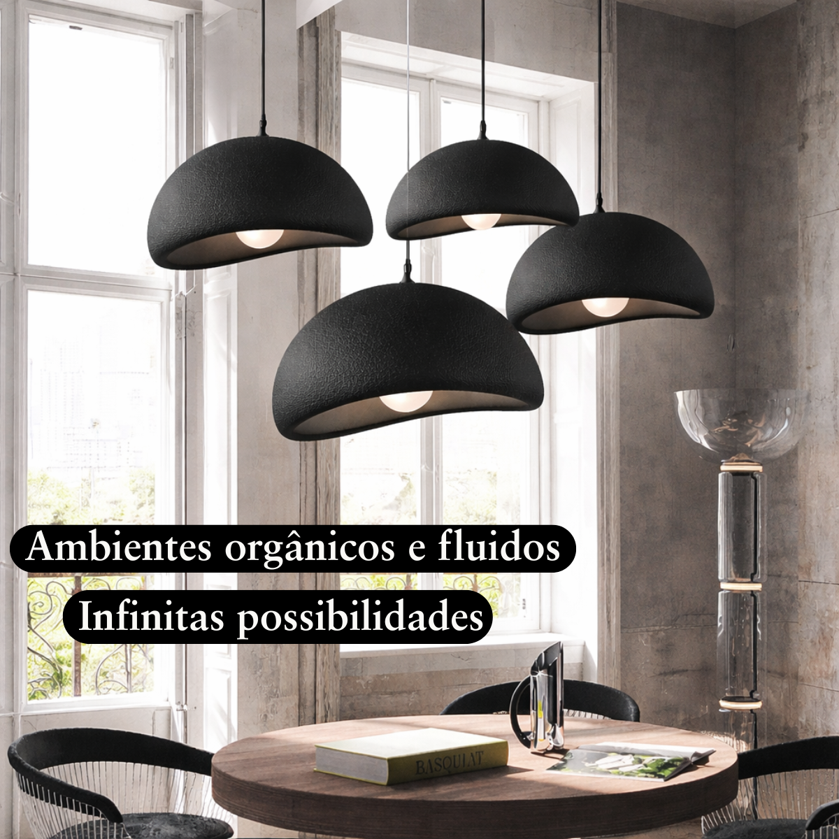 Ver mais imagens de Lustre Pendente 60cm Luminária Japonesa Wabi-sabi Orgânico Cogumelo Concreto Gimpo Tj60-preto-a