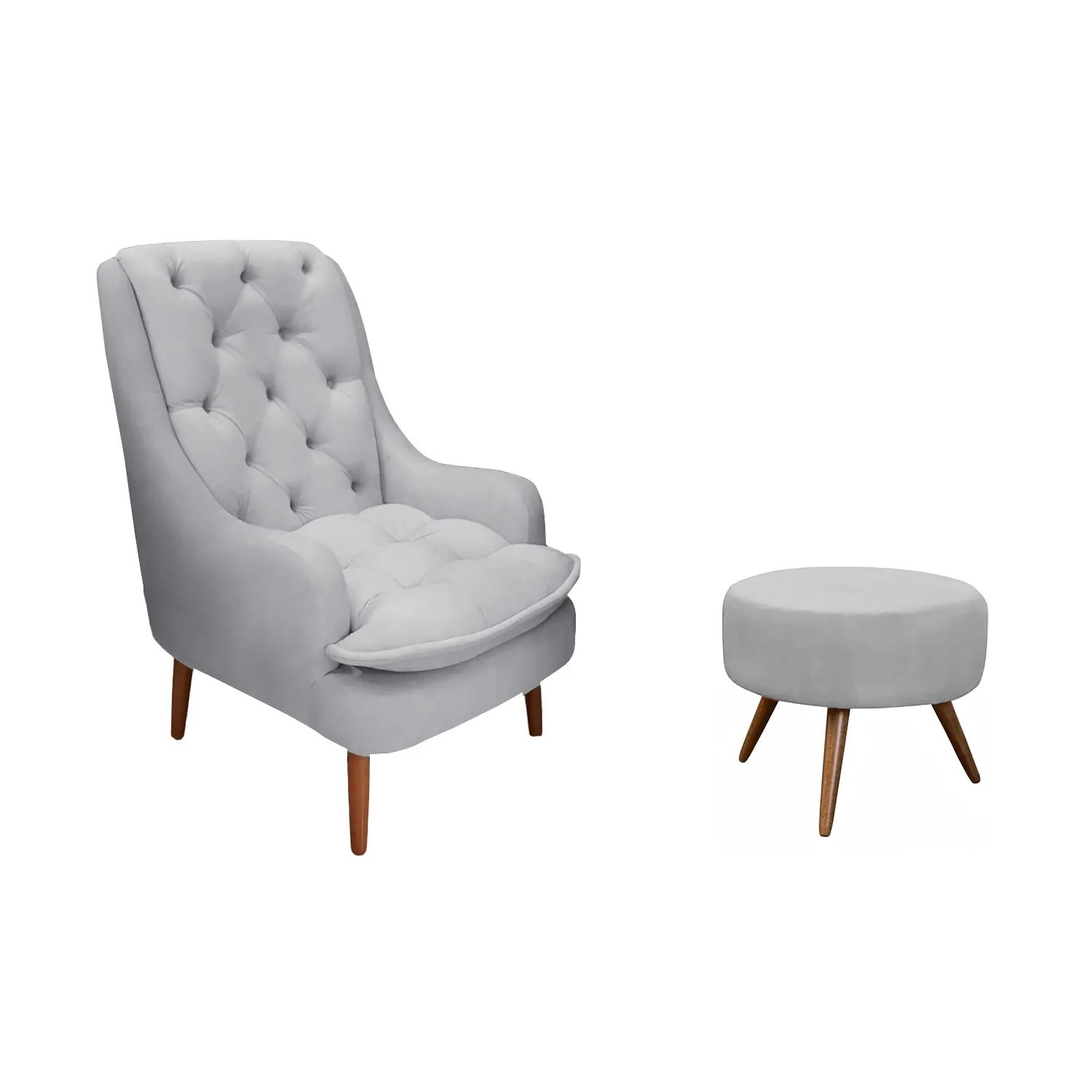 Kit Poltrona Lille e Puff Linho Cinza - Dominic Decor