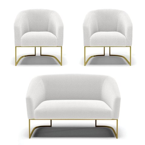 Sofá Namoradeira e 2 Poltronas Base Industrial Dourado Stella Bouclê D03 - D'Rossi Cor Off White
