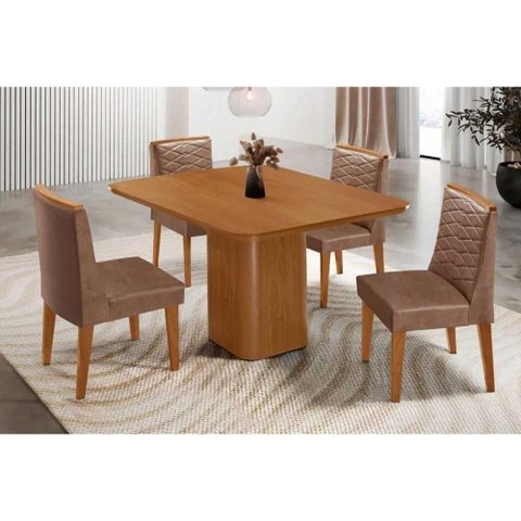Conjunto: Mesa Sala Jantar Maldivas C/ Tampo Madeirado Canto Curvo 90x90cm e 4 Cadeiras Maldivas