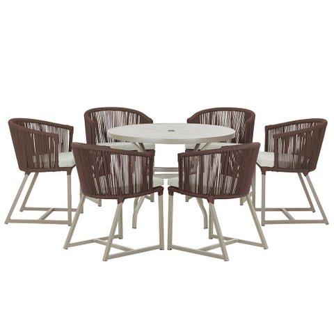 Mesa com 6 Cadeiras de Jantar Roma 120cm e Noronha em Alumínio Fendi Corda Náutica Estofado 3 Trama