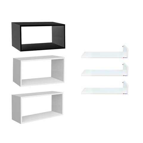 Nichos Quarto Bebê em MDF Branco / Preto - Kit 6 Peças