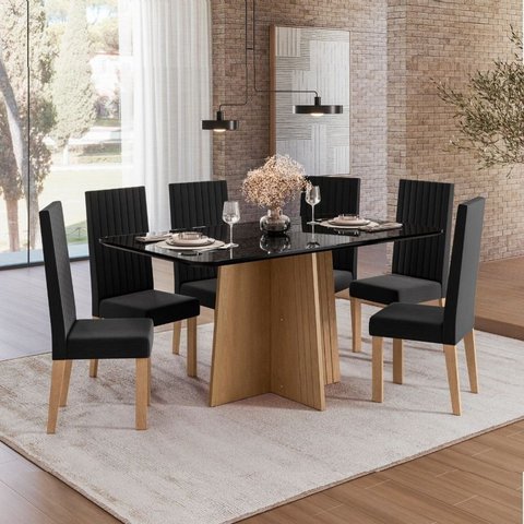 Sala de Jantar Isa 160cm Vidro 6 Cadeiras Laura Preto/Mel