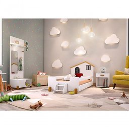 Cama Solteiro Casinha Branco Mel e Preto com 2 Luminárias - 1