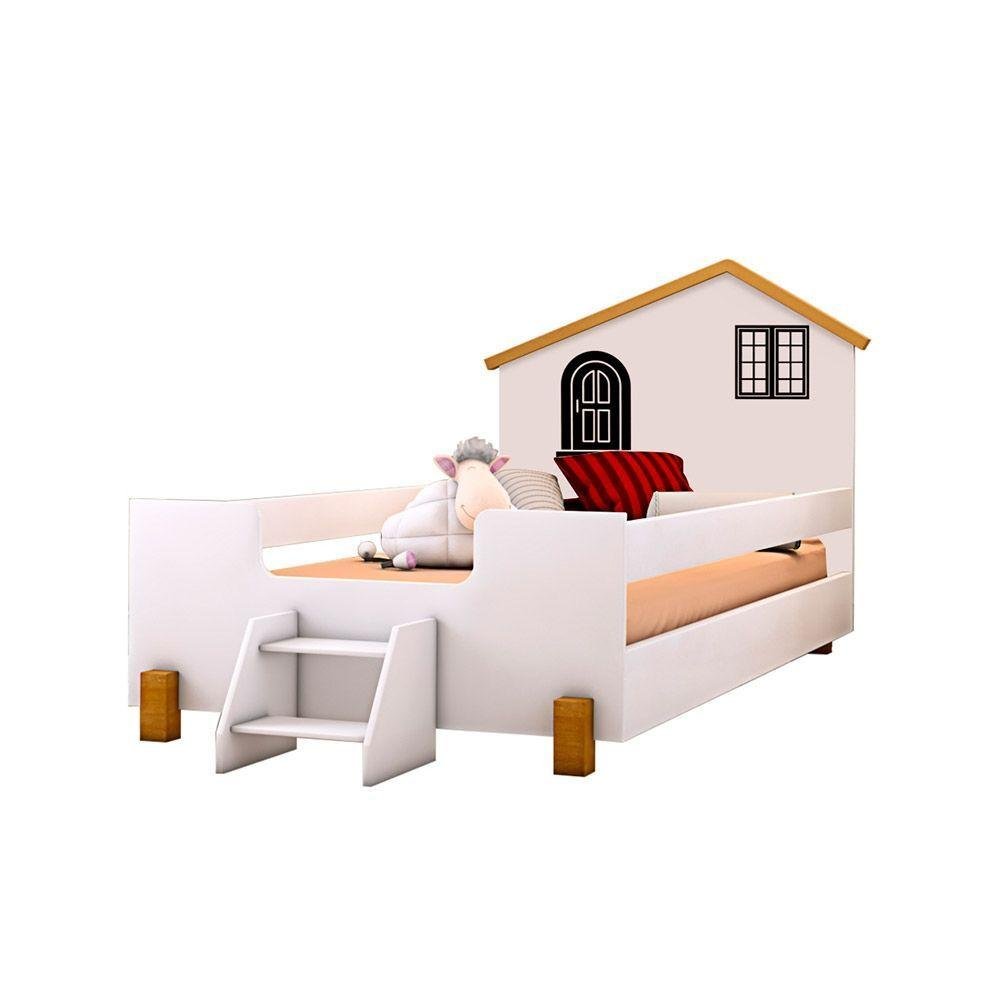 Cama Solteiro Casinha Branco Mel e Preto com 2 Luminárias - 6