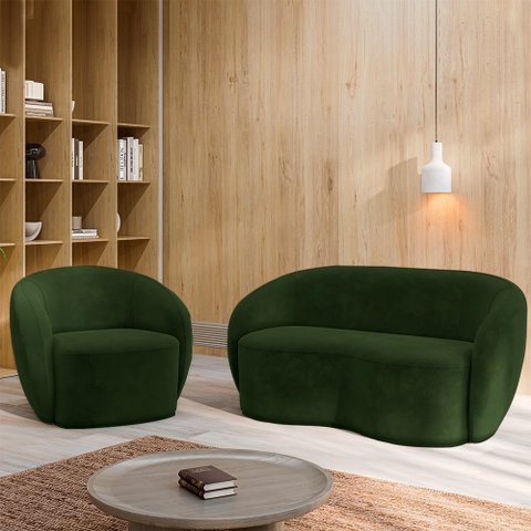 Conjunto 1 Sofá Living 180cm e 1 Poltrona Decorativa Sala de Estar Íbis Encosto Fixo Veludo Verde G3