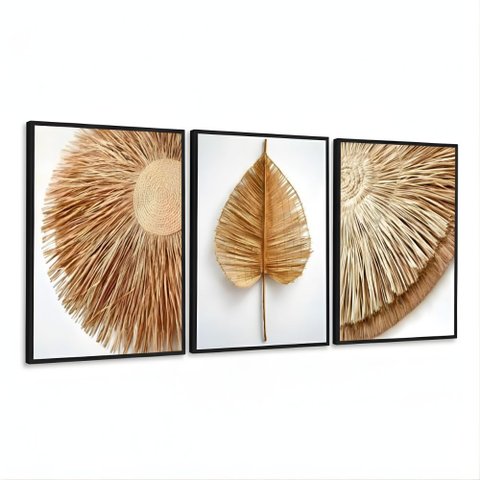 Kit 3 Quadros Folhagem Palha Nude Moldura:preta