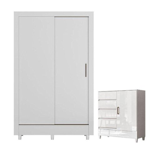 Guarda Roupa Casal Bélgica 2 Portas de Correr 2 Gavetas MDP com Cômoda Fit Branco Brilho Santos