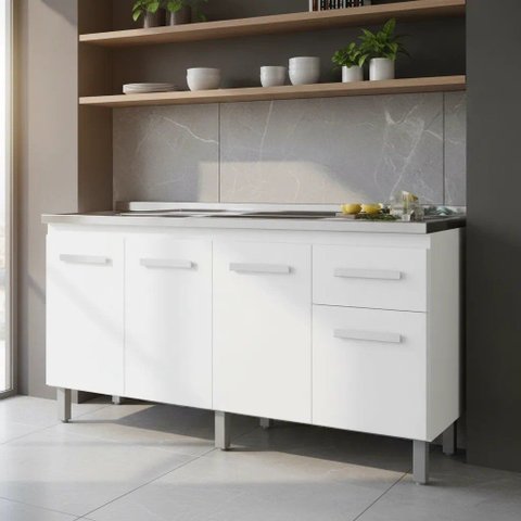Balcão Cozinha Armário Gabiente Pia de 140cm Camile com 4 Portas e 1 Gavetas sem Tampo - Branco