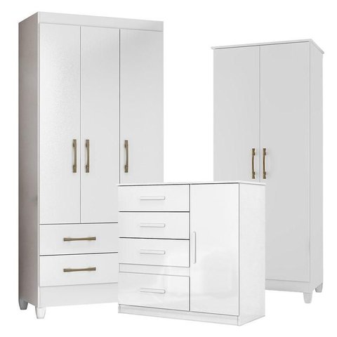Guarda Roupa Infantil Lima com Cômoda Vênus e Armário Multiuso Jade Branco Brilho – Moval