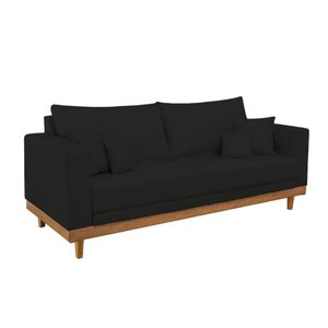 Sofá Living 3 Lugares Linho Resistente Madeira + Almofadas Cor:preto