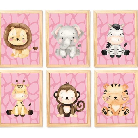 Quadro Infantil Safari Rosa 6 Un A4 Vidro e Pendurador