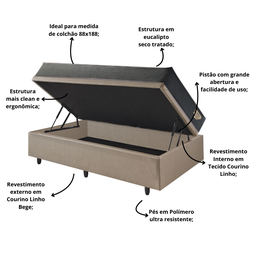 Cama Box com Baú Solteiro 88x188 com Colchão Adapto Molas Ensacadas Ecoflex Courino Linho - 6