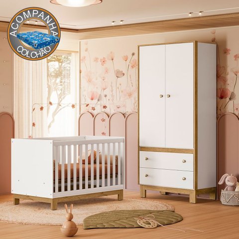 Quarto de Bebê com Berço Slim e Guarda Roupa Flora Branco Acetinado Qmovi + Colchão Ortobom