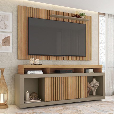 Conjunto Decorativo Rack e Bancada Brendan Mdf/mdp Ripado para Tv 55 Pol. Buriti/fendi G11 - Gran